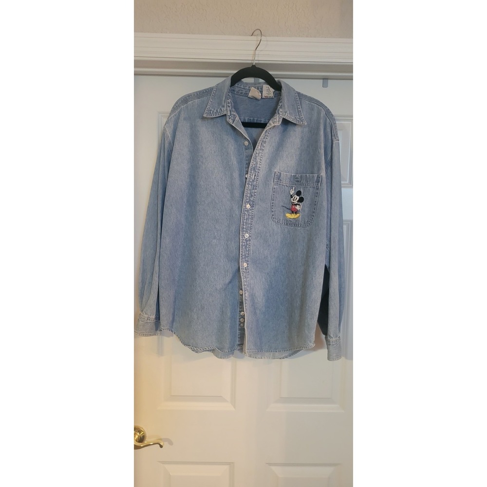 Vintage Disney Store Mickey Mouse Denim Button Up Shirt Mens Large Embroidered